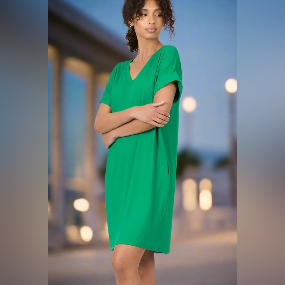 Versona V-neck Satiny Short Sleeve Sheath Dress in Green Size XS